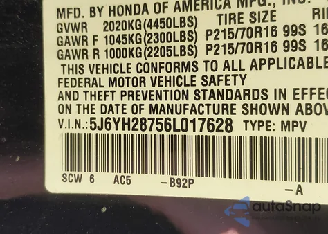 2006 Honda Element Ex-P from USA, damaged, VIN 5J6YH28756L017628